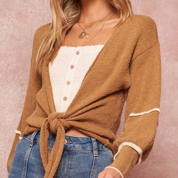 Women's Camel Textured Self-tie Closure Long Sleeves Knit Cardigan Sweater NWT - Picture 1 of 3